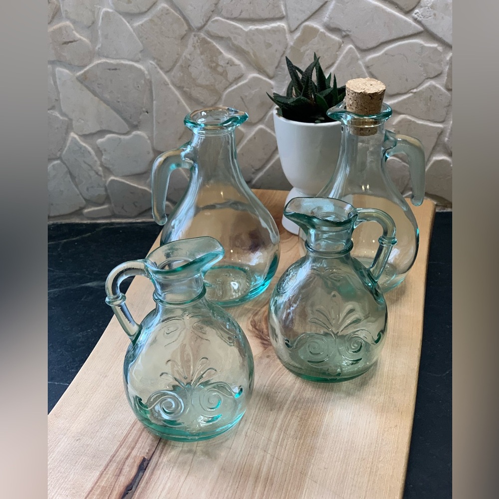 VINTAGE RECYCLED GREEN GLASS | Set of 4 | Cruets Bottles